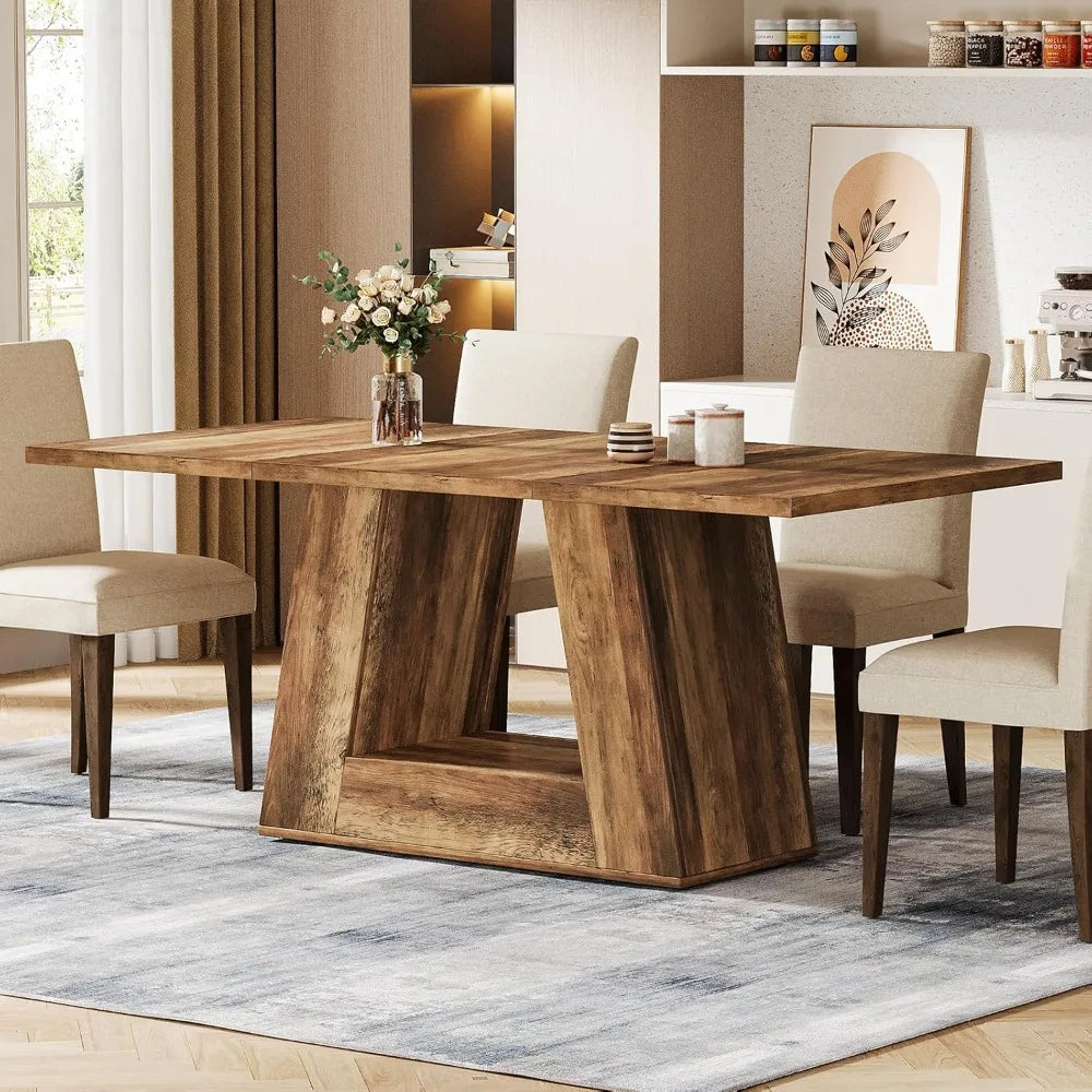 Modern Wooden Faux Marble Rectangular Dining Table for 4-6, Sturdy Base, 63" Length