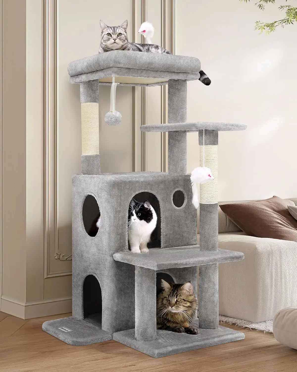 50-inch Cat Tree Tower for Large Indoor Cats with Steps, Scratching Post, Caves, and Toys in Light Grey