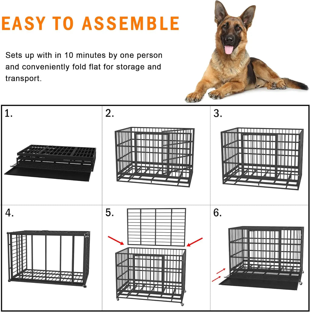 Heavy Duty Dog Crate with Wheels, Indestructible Steel Kennel for High Anxiety Dogs, Double Door and Tray, XL XXL