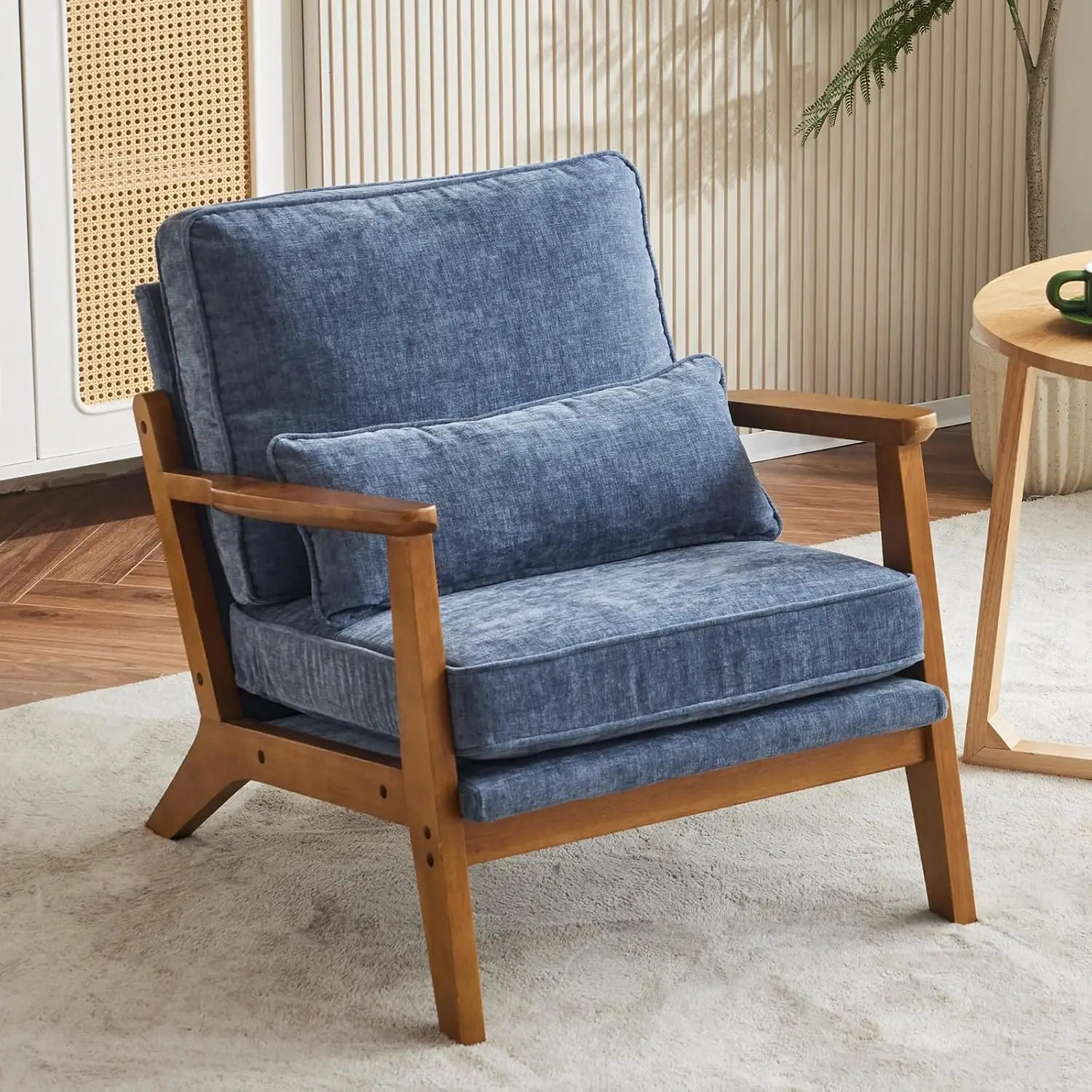 Accent Chair Wide Armrest Mid-Century Lounge Chair Teddy Fleece Armchair with Lumbar Pillow & Solid Wood Frame for ,Customized