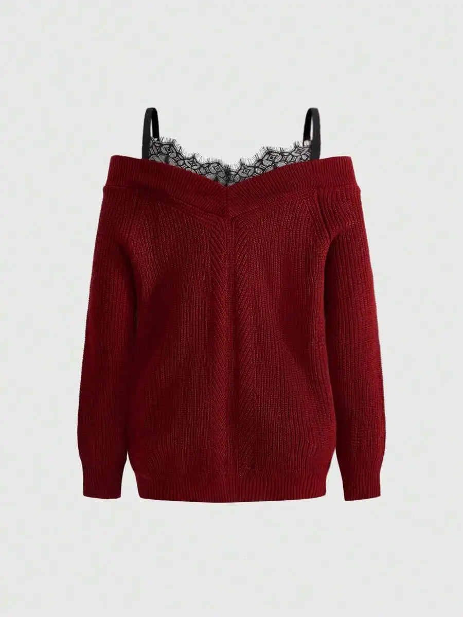 Off Shoulder Lace Trim Knit Pullover Sweater for Women, Loose Fit Elegant Style
