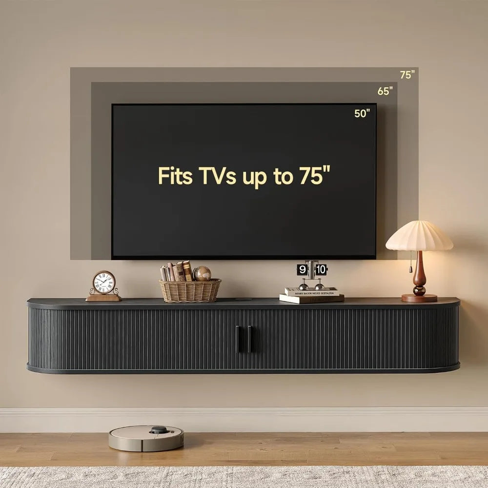 75-Inch TV Floating Stand with Built-In Power Outlet, LED Light Remote Control Fluted Entertainment Center, Mid-Century Modern S