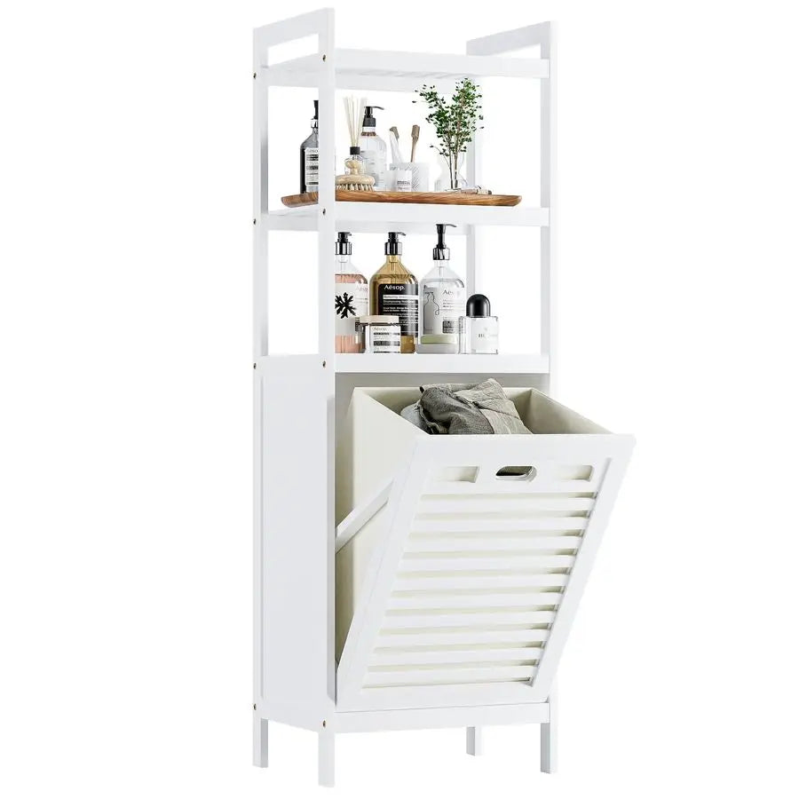 Bamboo Tilt Out Hamper, Bathroom Laundry Cabinet with Hidden Foldable Basket, Freestanding Clothes Storage Organizer with Storag