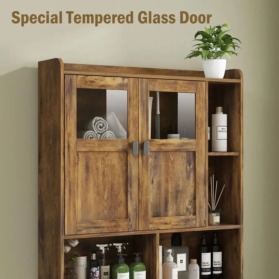 Over The Toilet Storage Cabinet, Bathroom Shelf Over Toilet with Glass Doors and Adjustable Shelves, Brown Freestanding Home Spa