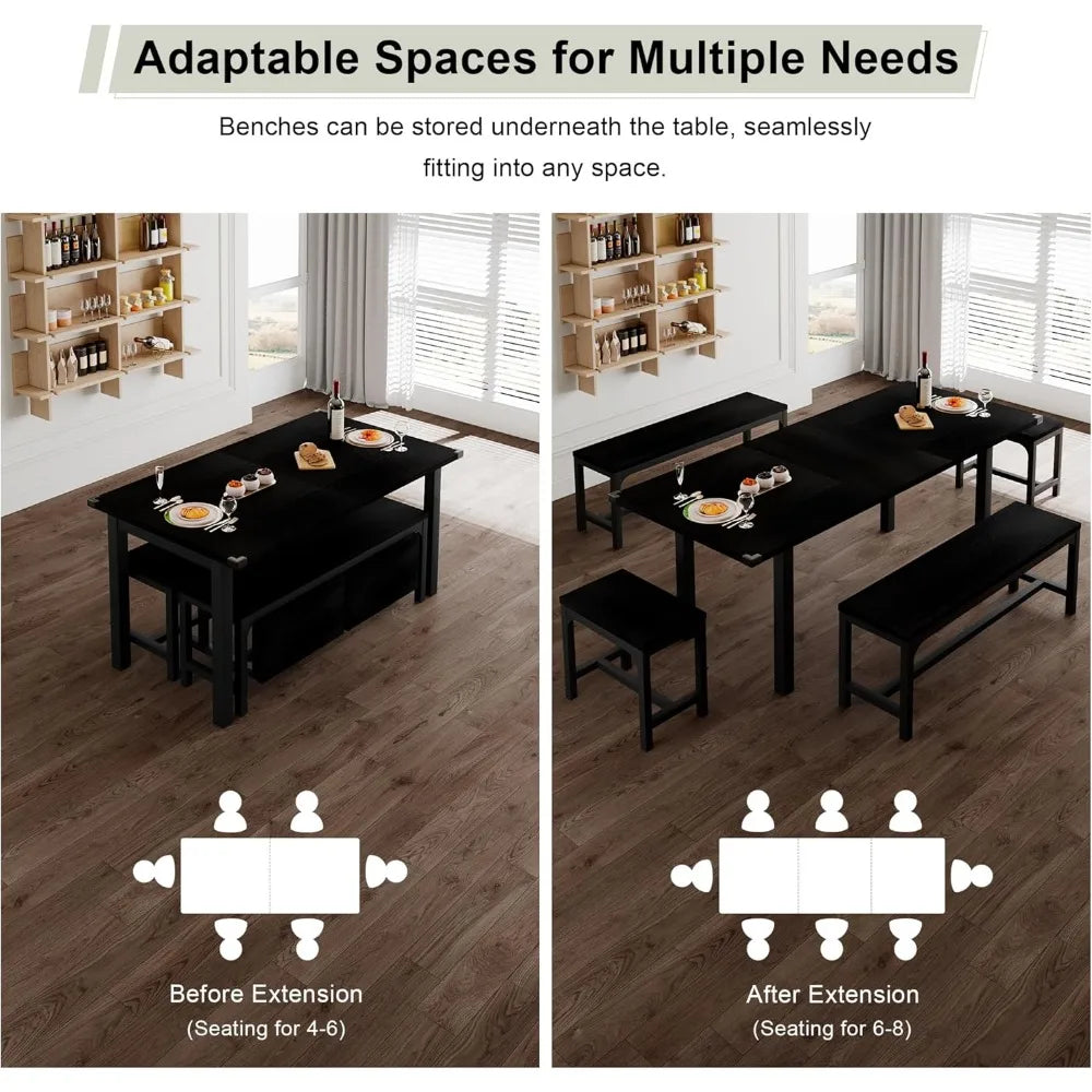 Feonase 5-Piece Dining Set for 4-8 Guests, 63 Extendable Kitchen Table with 2 Benches and 2 Square Stools