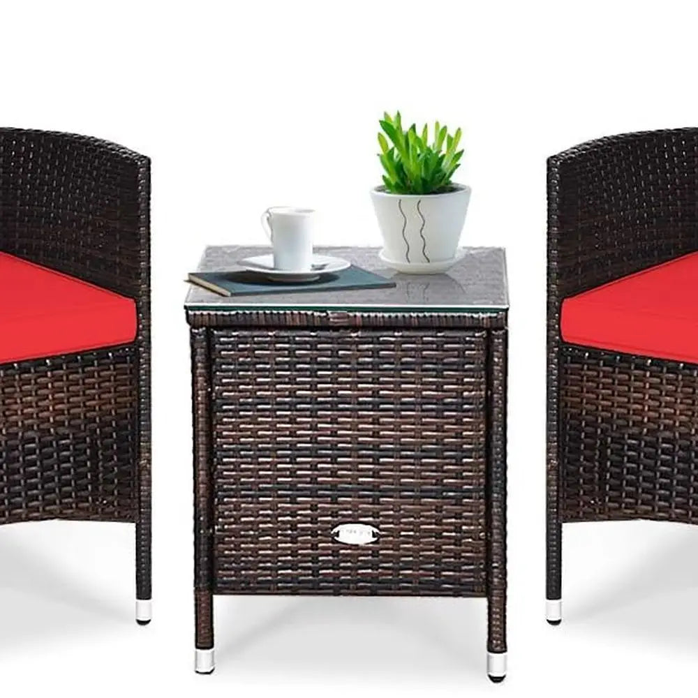Red Outdoor Wicker Patio Furniture Set with Cushions, Tempered Glass Table for Backyard and Balcony