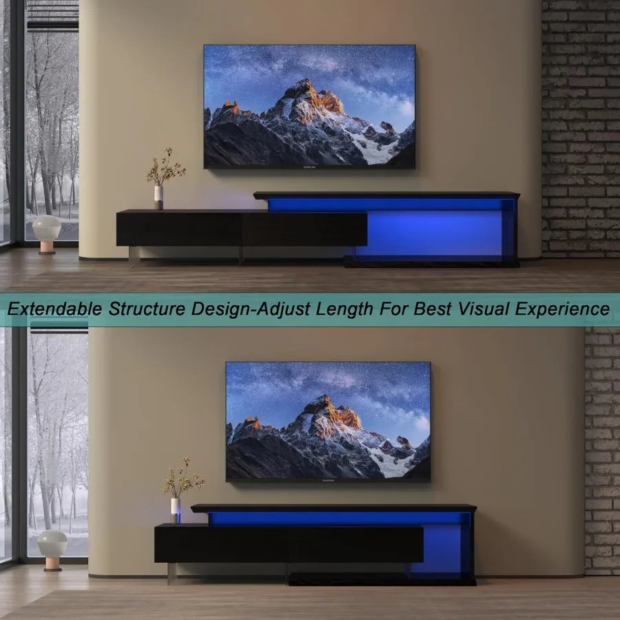 Extendable TV Stand for 55 65 75 85 Inch TV Modern Entertainment Center with Light Strip Fits 60 70 80 90 Inch TVs Black Consol
