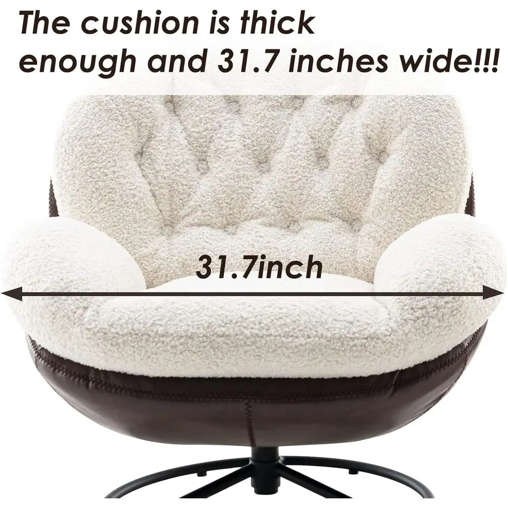 Luxury Swivel Faux Fur Accent Chair with Ottoman, Plush Tufted Lounge Chair on Metal Base for Home Reading, White