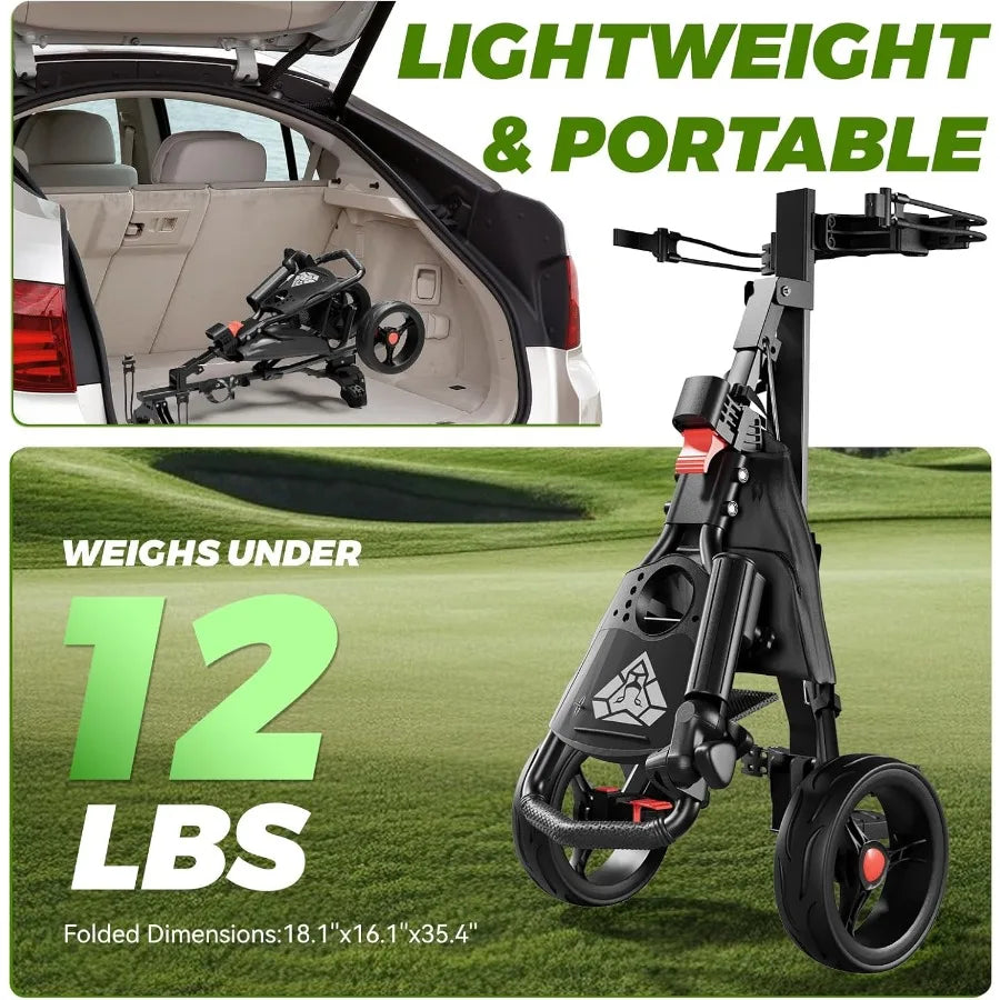 Golf Push Cart 3 Wheel Golf Cart Foldable Multiple Functions Golf Bag Cart for All Ages with Adjustable Handle - Lightw