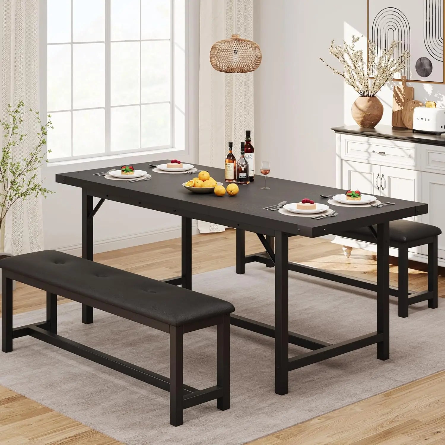 3-Piece Dining Table Set for 4-6 People, Extendable Kitchen Table Set with 2 Upholstered Benches, Dining Room Table, Customized
