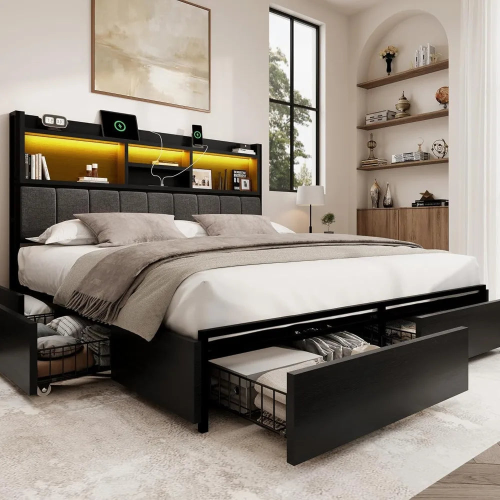 Queen Bed Frame with 6 Storage Drawers, Linen Upholstered Headboard, Built-in USB Charging Station & LED Lighting, Silent Metal
