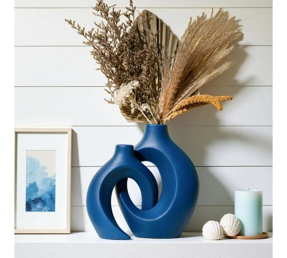 Modern Nordic Ceramic Vase Set of 2, 8.4 Inch Coastal Hollow Design for Pampas Grass Home Decor (Matte Navy Blue)
