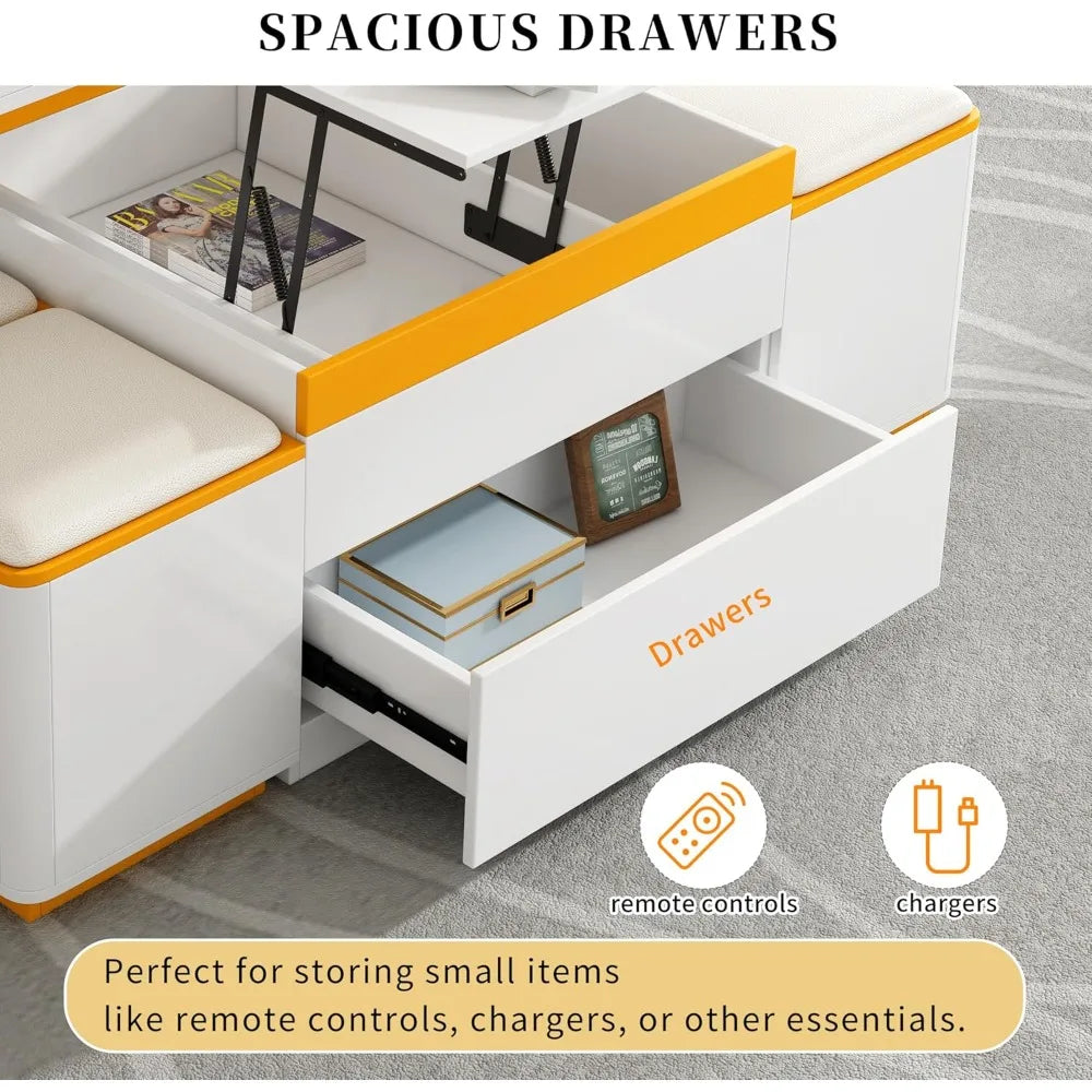 Customized.3 in 1 Lift-Top Coffee Table with 4 Storage Stools, Modern 47.2" Center Table with Foldable Top, Multi-Functional Adj