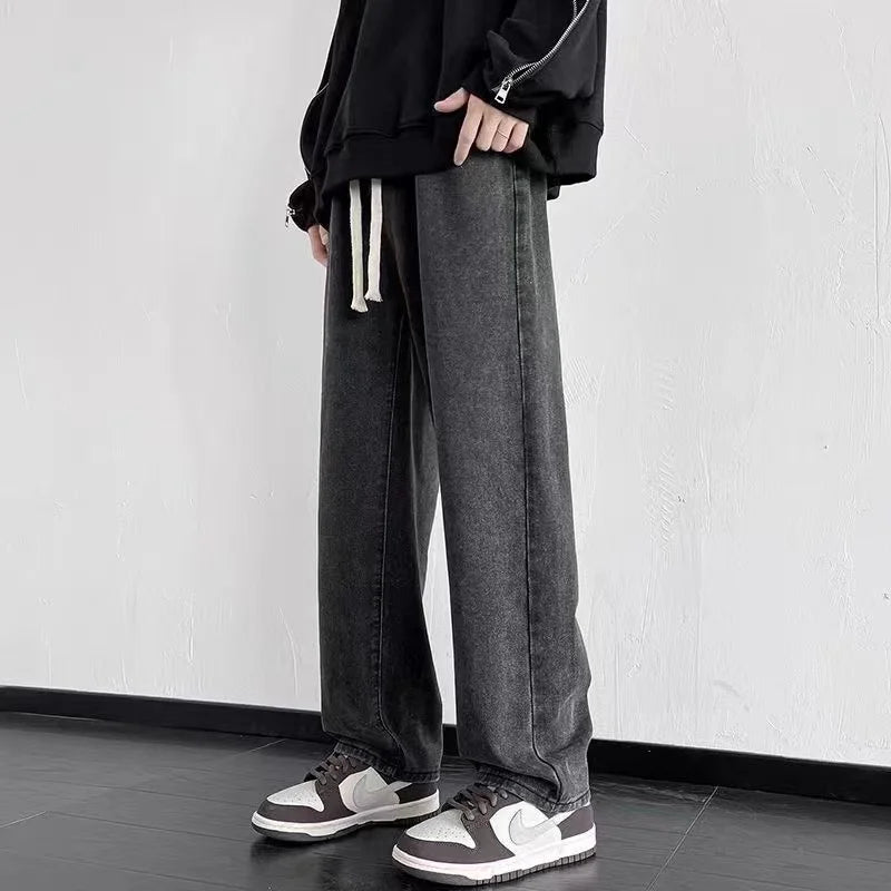 2023 New Streetwear Loose Jeans Men Korean Style Fashion Loose Straight Wide Leg Pants Men's Brand Clothing Black Light Blue
