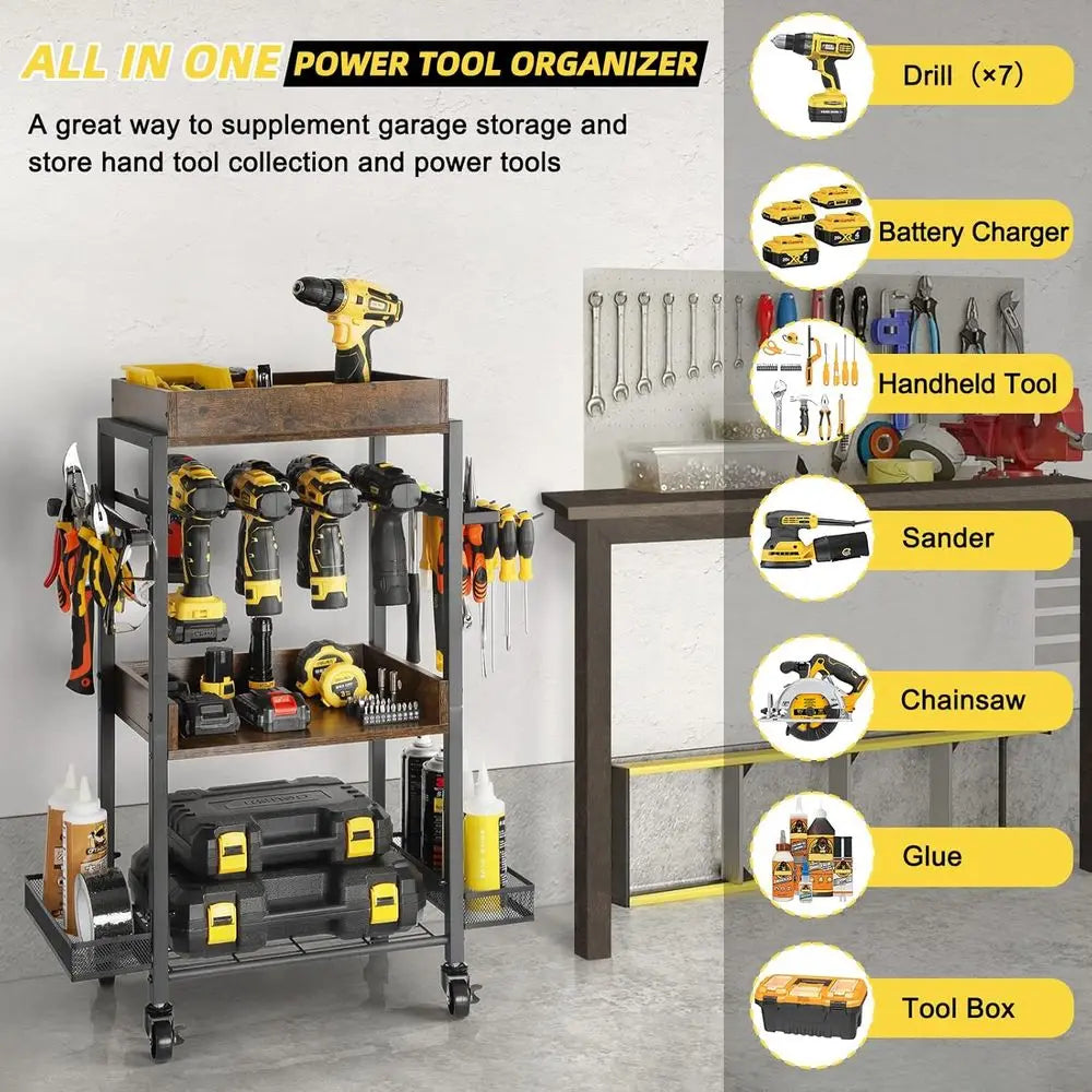 Olakee Power Tool Organizer Garage Storage Organization Shelving Tool Holder Drill Rack Shelf Rolling Cart Open Tool Chest Cabin