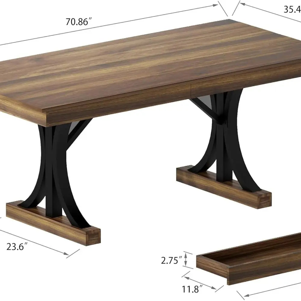 Large Rectangular Wooden Dining Table for 6-8, Sturdy Frame, Double Pedestal Base, Kitchen Dinner Table with Two Drawers