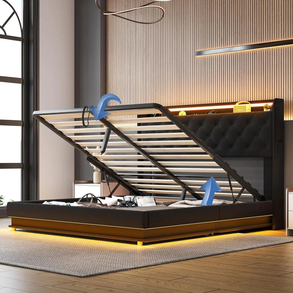 Lift Up Storage Bed Frame Queen Size with Charging Station & Led Lights,Upholstered Platform Bed with Wingback Storage Headboard
