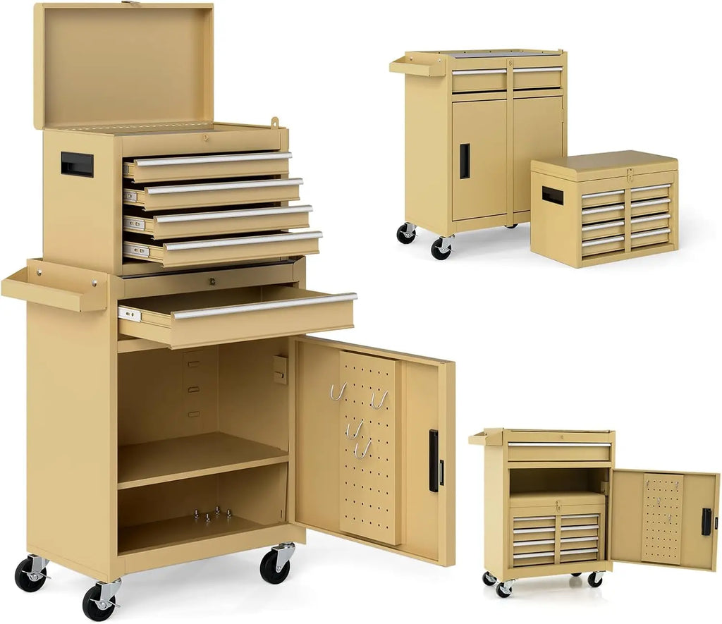 Tool Chest, 5 Drawers Rolling Tool Cabinet with Detachable Top Toolbox, Universal Lockable Wheels, Lock Bar, Protective Liner &