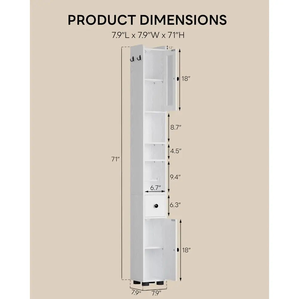 71" Tall Bathroom Storage Cabinet, Narrow Storage Cabinet with Adjustable Shelves, Toilet Paper Rod and 2 Hooks, Freestanding Sl