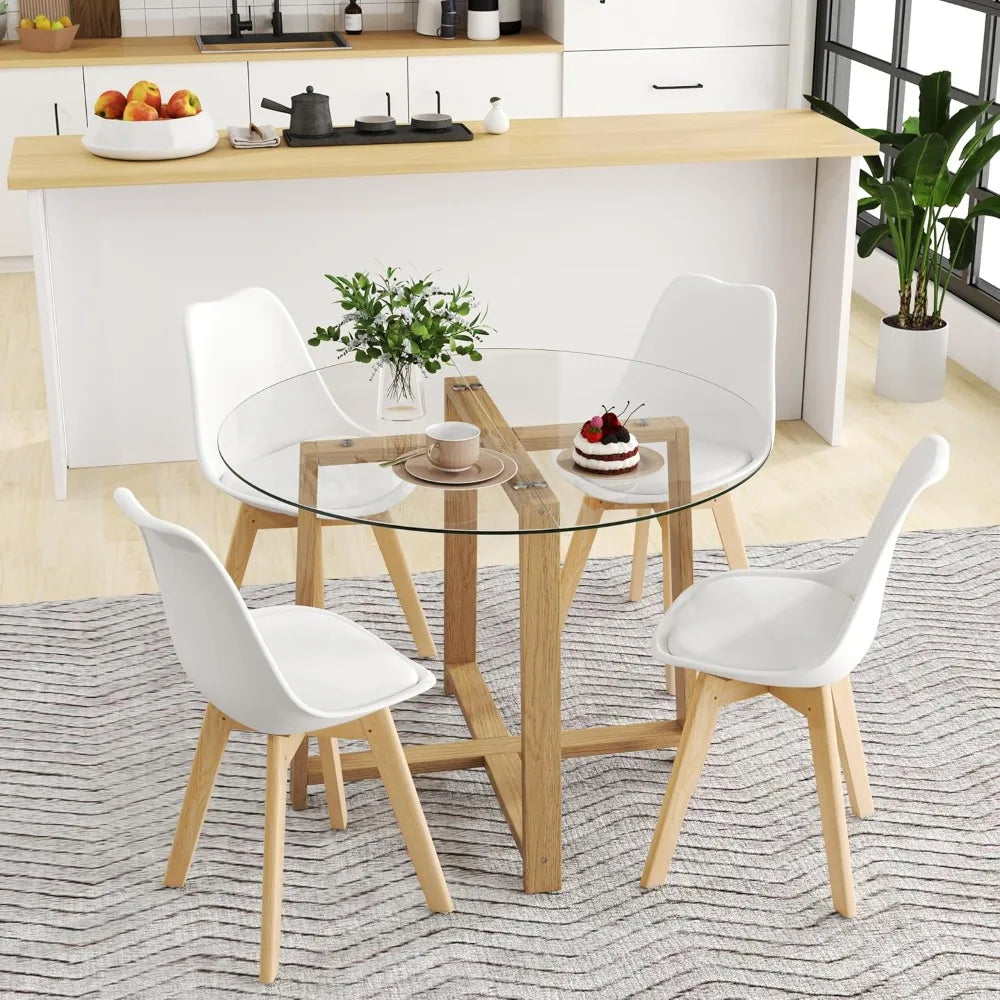 Tangkula 42-inch Round Glass Dining Table with 4-6 Seating Capacity, 0.3-inch Thick Tempered Glass Top, and 4 Upholstered Chairs