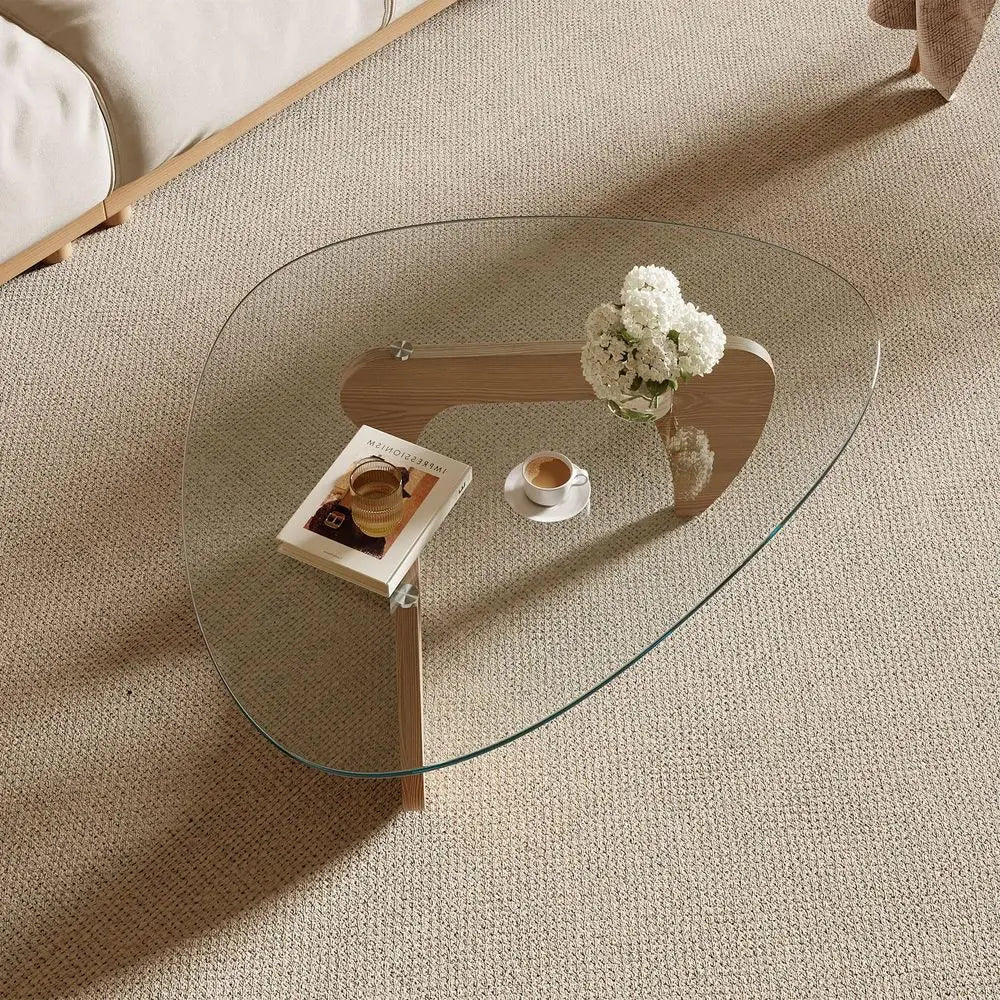 Coffee Table for Living Room and Small Spaces, 43.3 x 29.5 x 15.8 Tempered Glass Table Top and Eco-friendly MDF Base, Natural Wo