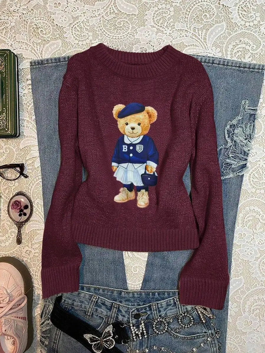 Navy Blue Collegiate Bear Print Pullover Sweater for Women, Autumn Winter Casual Style