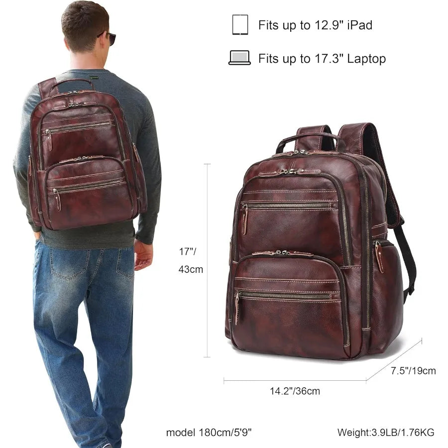 Vintage Full Grain Leather Backpack For Men 17.3'' Laptop Bag Causal Rucksack Shoulder Bag Overnight For Business/Hiking/Travel