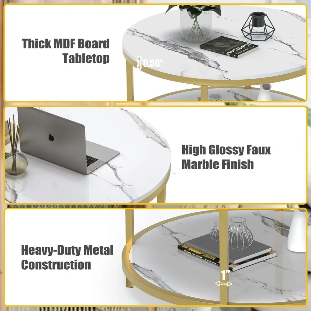 33.5"Round Coffee Table  Coffee Tables Room High Glossy Faux Marble Top Circle Table Sturdy Gold Frame Legs Cocktail Table
