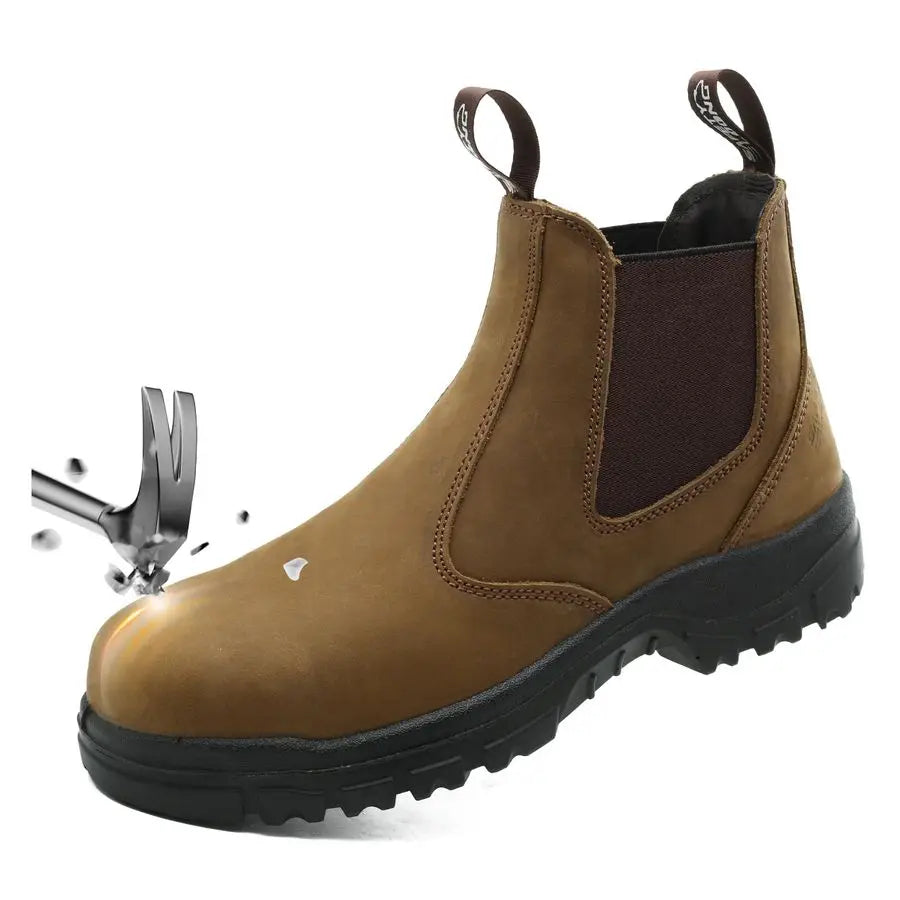 on Work Boots for Men Women Composite Toe Comfort Leather Abrasion Puncture Slip Resistant Sole Safety Chelsea
