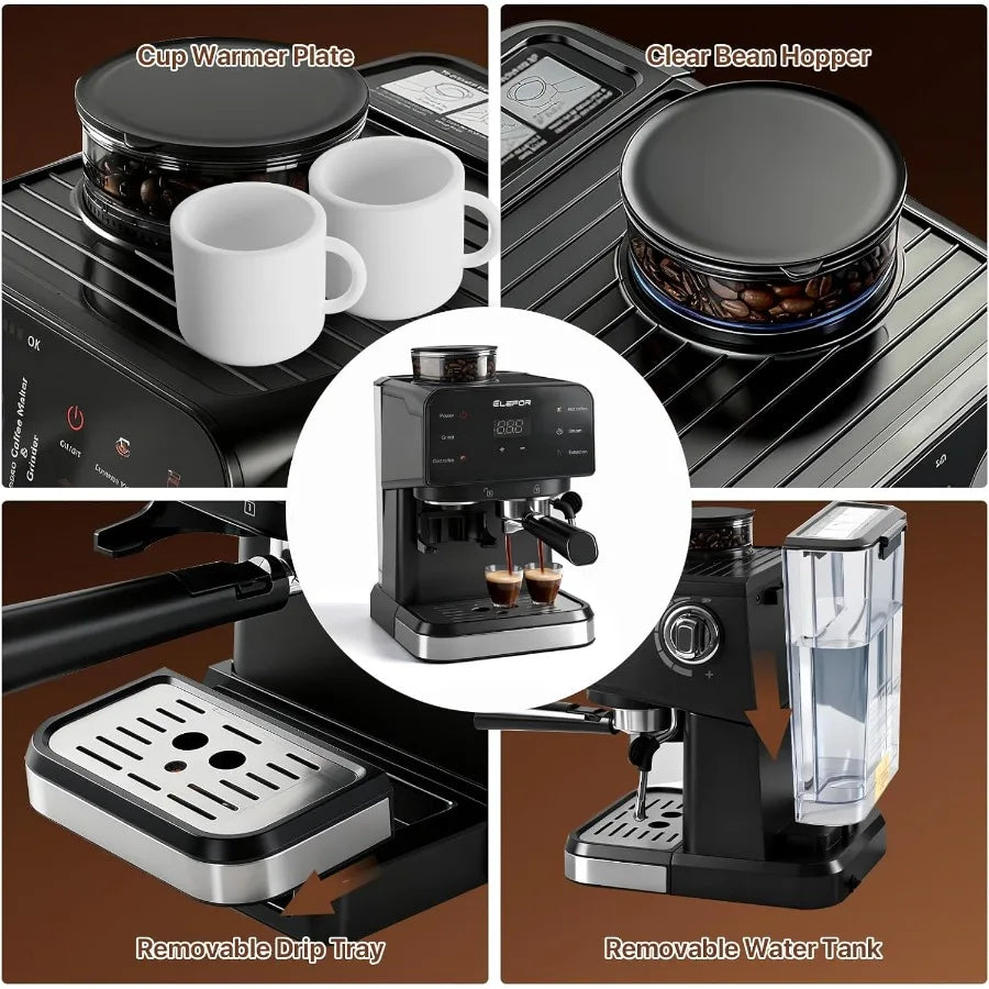 Professional Home Espresso Machine 20 Bar with Grinder and Milk Frother for Latte Cappuccino Black