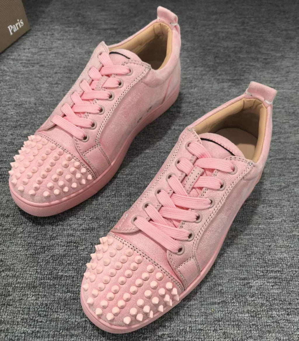 Pink Flannel Suede Leather Women'S Sports Shoes Rivets Lace-Up Sneakers Female Flat Red Sole Fashion Designer Zapatillas Girls