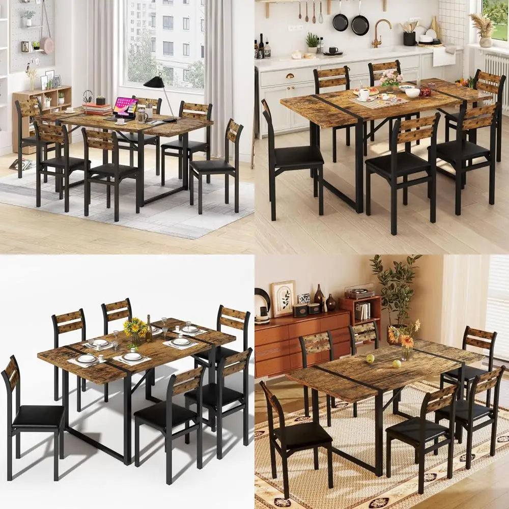 7-Piece Dining Table Set with 6 Chairs, 55" Wooden Kitchen Table & Chairs Set for 4-6, Dining Room Table and Chairs with Solid M