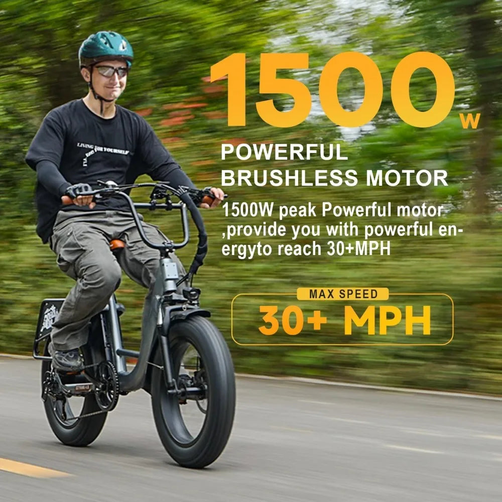 Electric Bike for Adults with Peak 1500W Motor, 48V 20Ah Removable Battery Fast Ebike,Max 70Miles & 30MPH,20" x4.0 Fat Tire