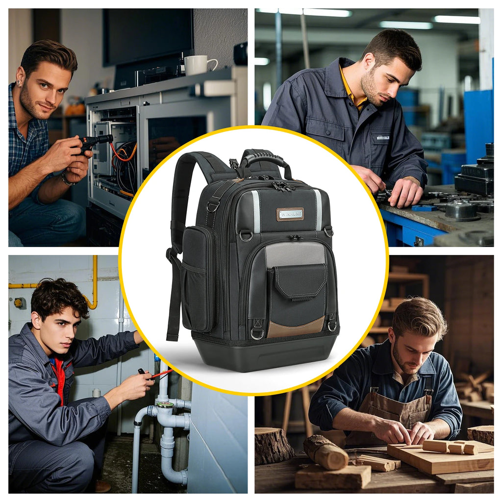 WINHUNT，Professional Tool Backpack, Heavy-Duty Storage Bag with Multiple Compartments, Padded Straps, Black/Grey