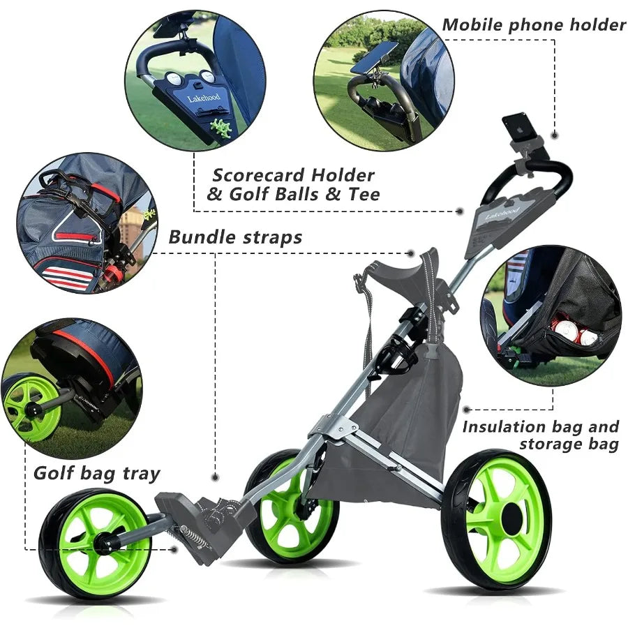 Golf Push Cart Golf Pull Cart for Golf Clubs and Golf Bag Golf Push Carts Three Wheel Easy to Folding Scorecard Holder with Mob