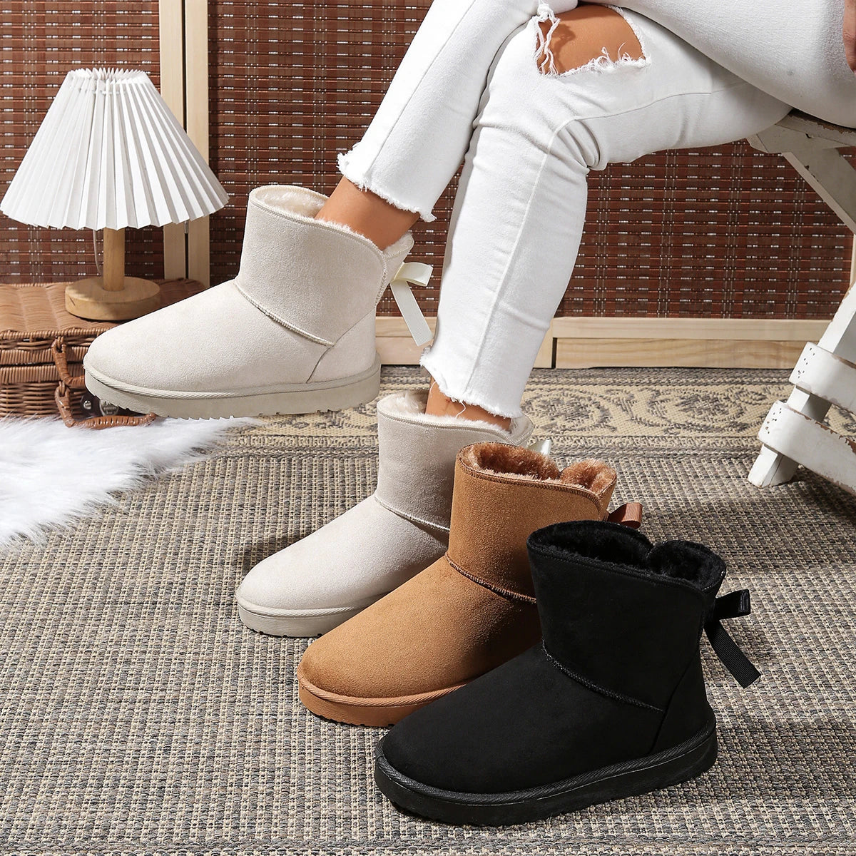 2025 New Women Snow Boots Couples Ankle Boots Fashion Round Toe Bow Thick Plush Casual Comfortable Women's Boots