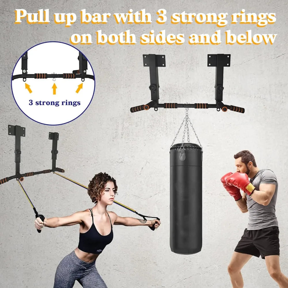Wall Mounted Pull Up Bar Multifunctional Dip Station for Home Gym, Adjustable Height, Supports 440 Lbs Indoor Workout Equipment