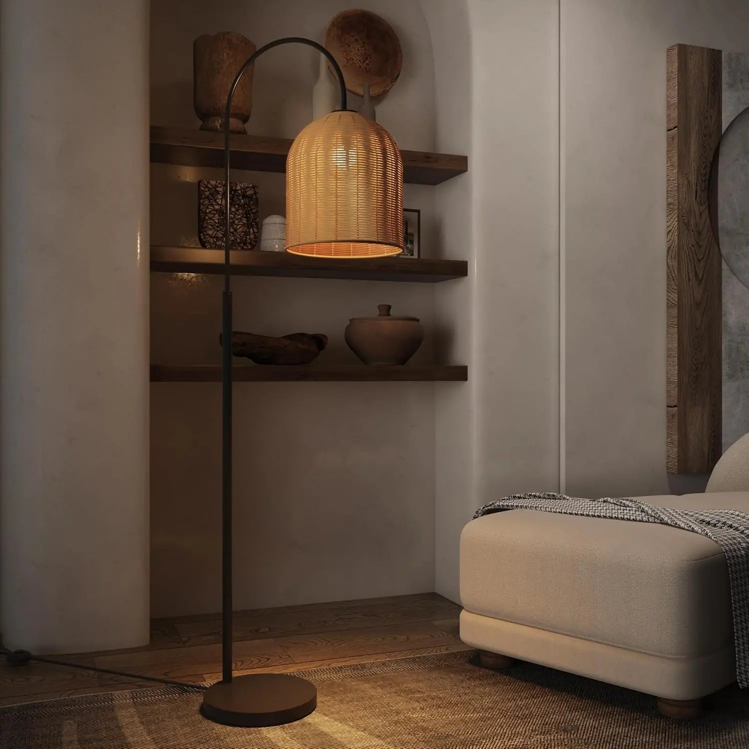 66in Boho Floor Lamp with Rattan Shade, Rustic Arc Standing Lamp for Coastal or Bohemian Decor - Coastal-Black