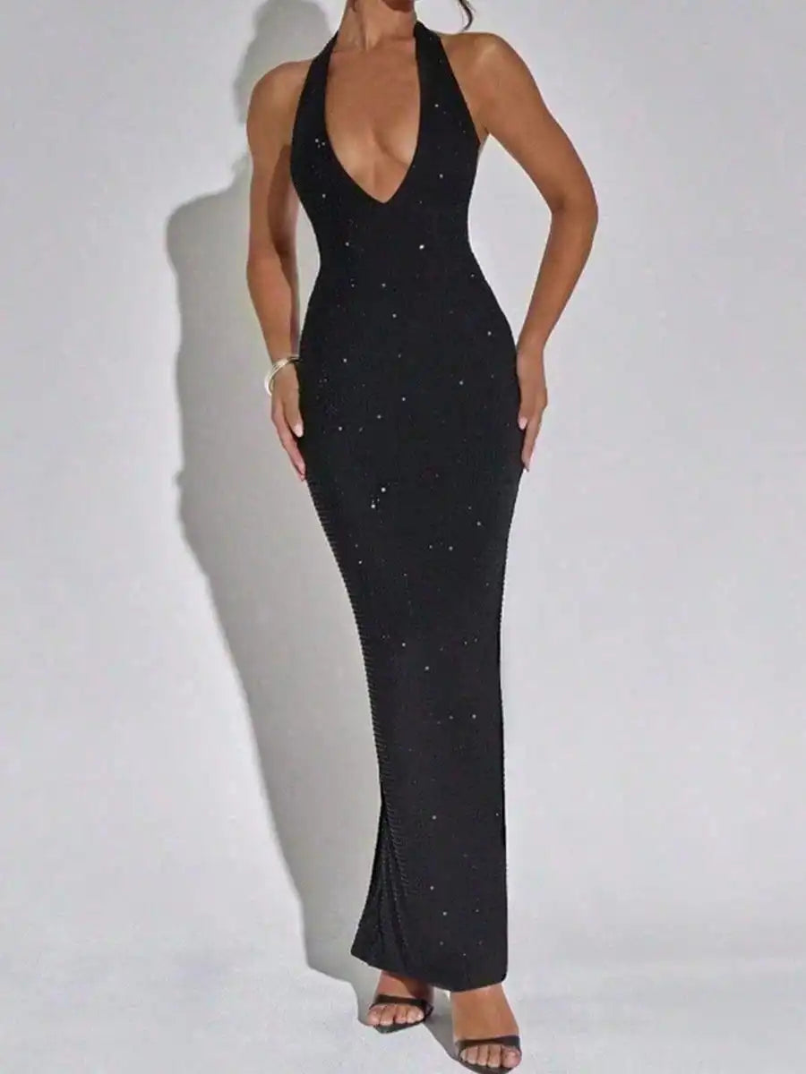 Elegant Halter Neck Low-Cut Gown - Backless Tie-Waist Slim Fit Crystal Maxi