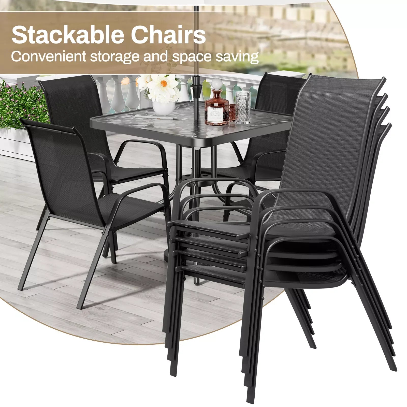 Patio Dining Set 5 Pieces, All Weather Outdoor Furniture W/ 30"x30" Table and 4 Stackable Textilene Chairs, Metal Table & Chairs
