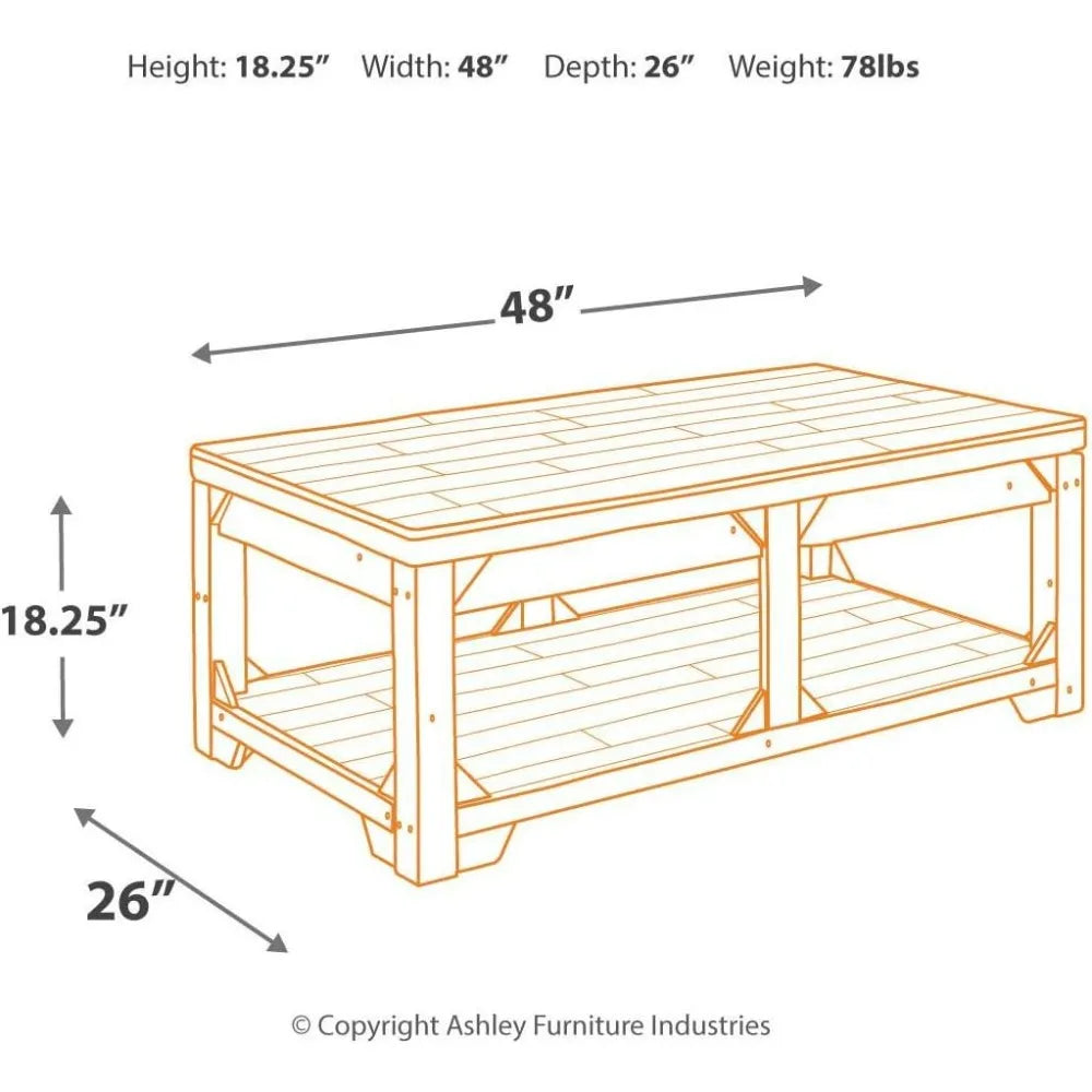 Farmhouse Style Rectangular Coffee Table with Lift Top and Floor Shelf, Whitewash Weathered Finish
