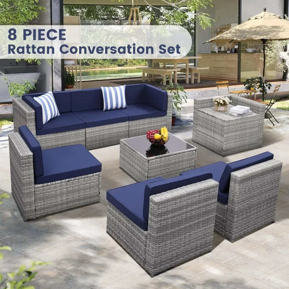 8-piece Outdoor Rattan Patio Furniture Segmented Set, Glass-topped Table with Hidden Storage, Grey Rattan with Blue Padded Mats