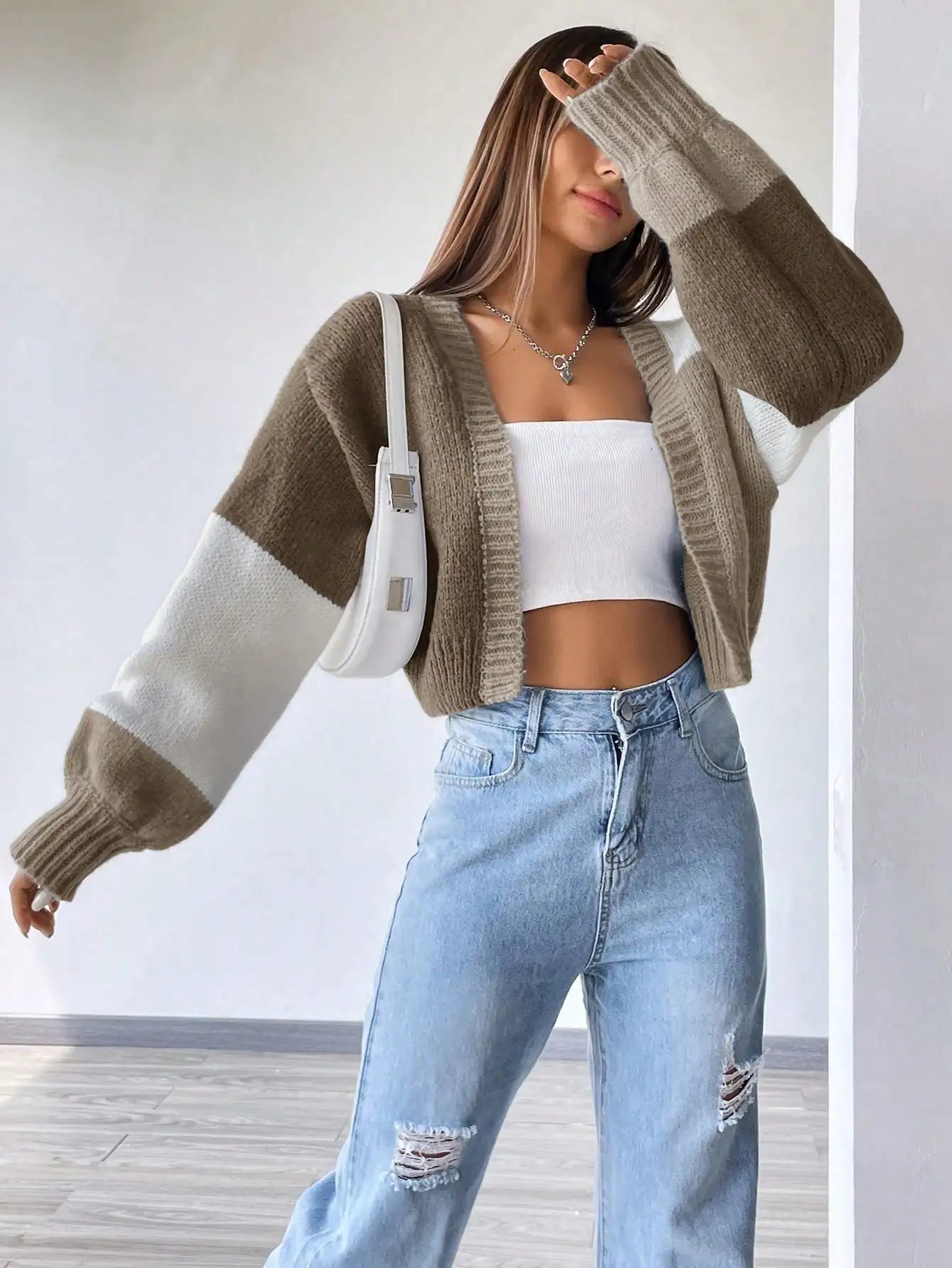 Color Block Drop Shoulder Knit Cardigan for Women, Long Sleeve Fall Winter Casual Top