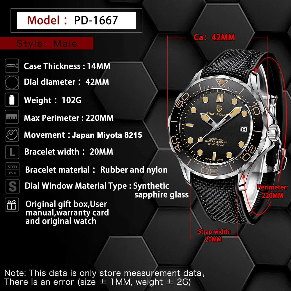 PAGANI DESIGN Luxury Automatic Watch For Men AR Sapphire crystal 100M Waterproof Diving Sport Mechanical Wristwatch Men 2026 New