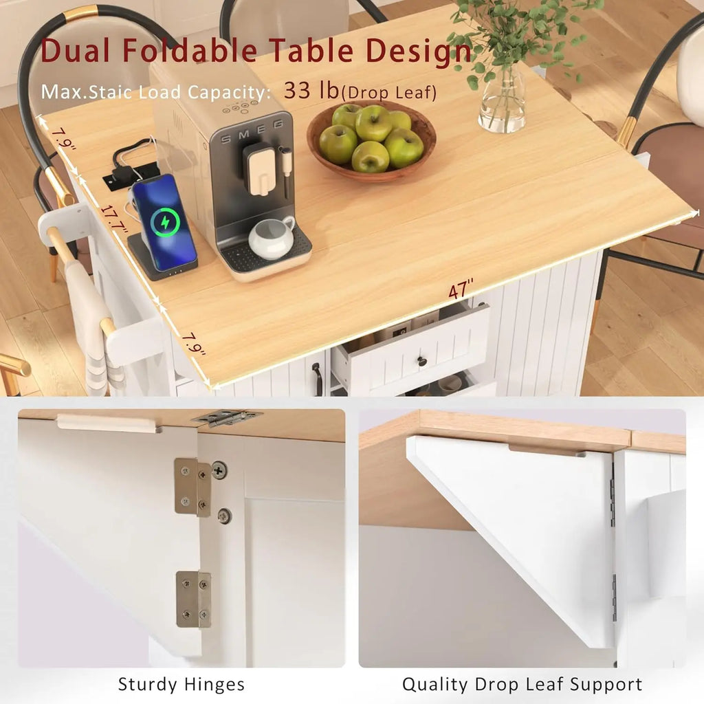 55.7" Large Kitchen Cart Island on Wheels with Foldable Table, Power Outlet, 3 Drawers, Wood Storage Cabinet