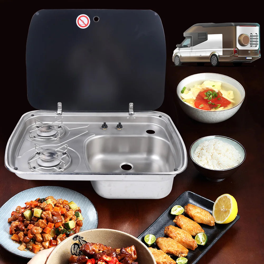 Boat Caravan Camper 2 Burner Gas Stove Hob and Sink Combo With Tempered Glass Lid Stainless Steel Hand Wash Basin RV Kitchen