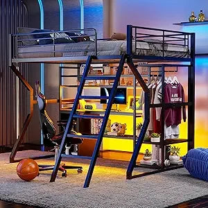 Queen Size Loft Bed with Stairs and Storage, Metal Loft Bed Frame with Bedside Shelf and Large Under-Bed Space, Heavy-Duty Beds