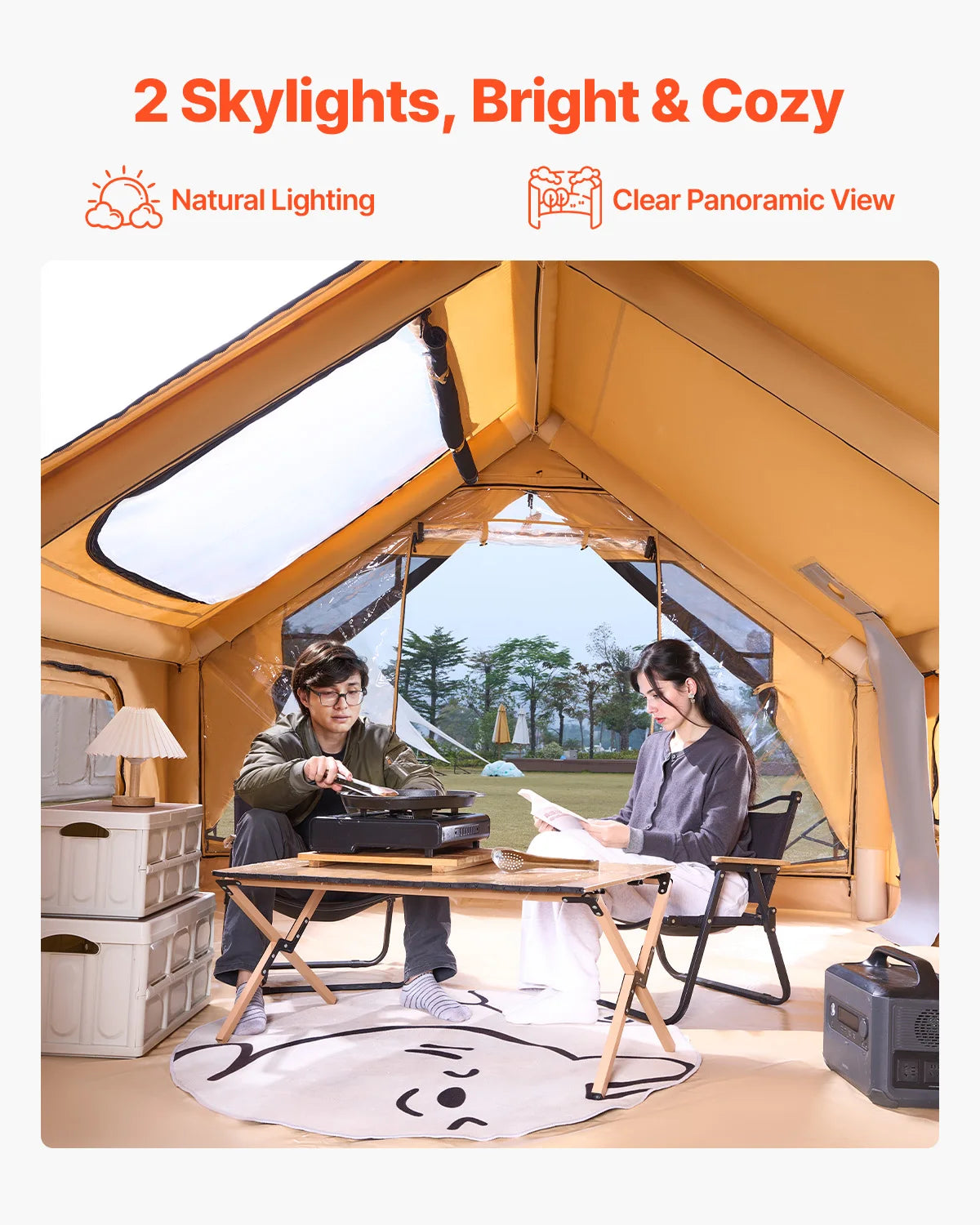VEVOR Inflatable Tents for Camping Easy Setup Blow up Tent with Hand Pump Glamping Tent with Skylight Stove Jack & Mesh Windows