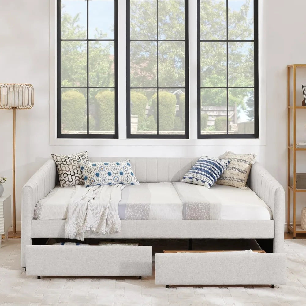 SLEERWAY Daybed with Two Drawers, Modern Linen Queen Size Day Bed Frame with Storage, Upholstered Sofa Bed with Stripes, Furnitu