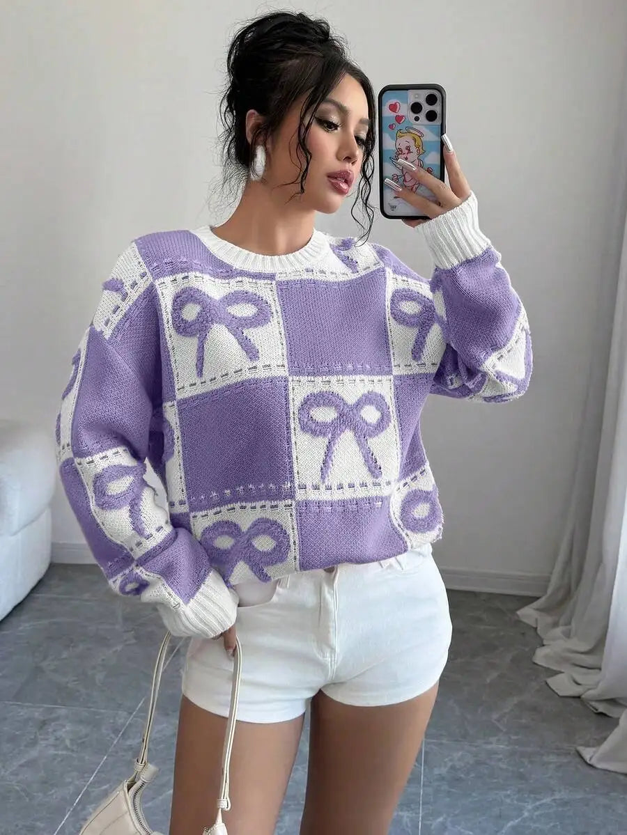 Pink & White Checkered 3D Bow Knit Pullover Sweater, Round Neck, Fall Winter Casual Style